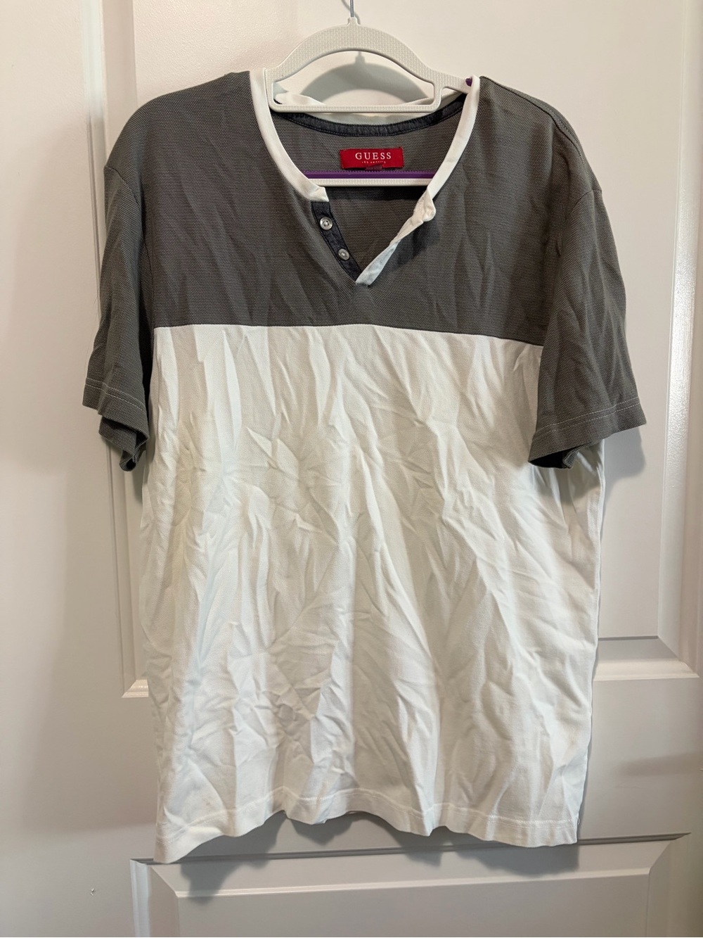 GUESS Two-Tone Gray and White Short Sleeve Henley